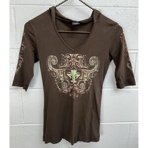 Sledge USA Tribal Graphic Print T-Shirt‎ Brown 2000s Y2K Hoody Goth / Medium